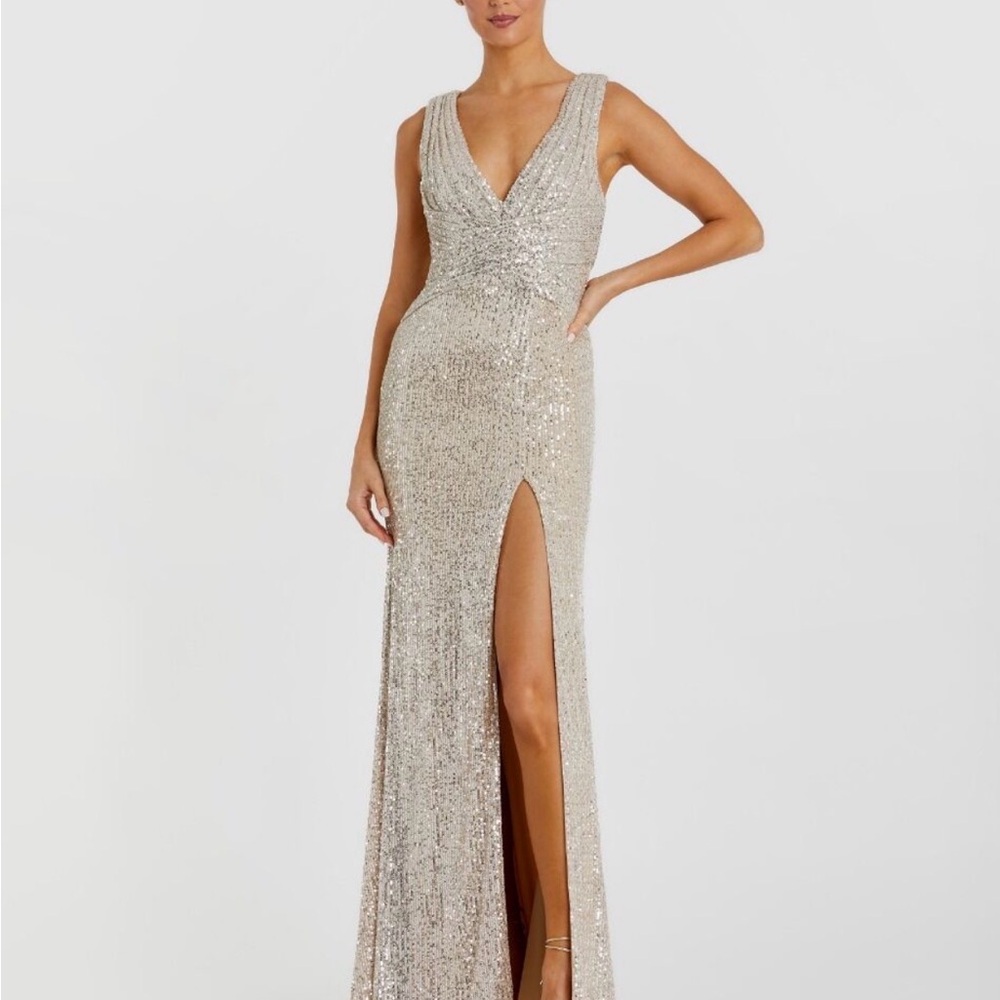Mac Duggal Nude/Gold V-Neck Sequin Wrap Waist Gown